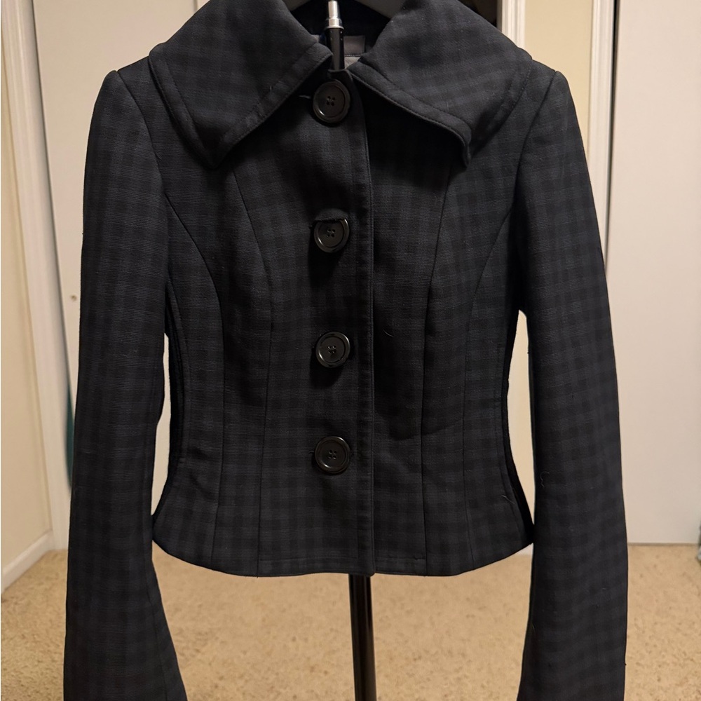 M Siamo Women's Black Plaid Fitted Button-Front Jacket- Size 2